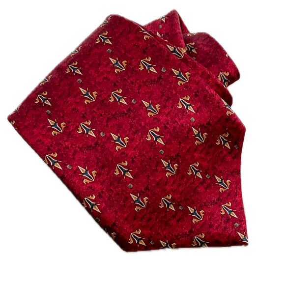 Vintage Bill Blass 100% silk fleur de lis luxe print designer tie red gold 4" w - Picture 1 of 5